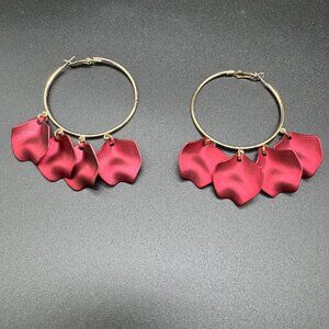 Large Hoop Pierced Earrings with Red Rose Petals-like Dangles